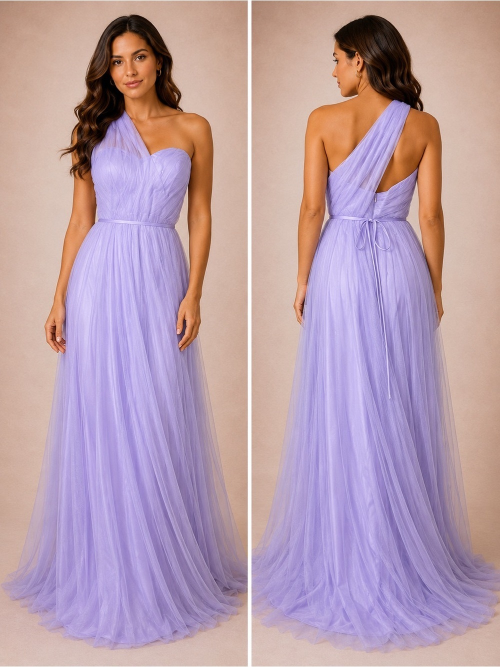 One-Shoulder Lavender Tulle Evening Gown